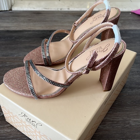 NIB Badgley Mischka Jewel aura rose gold silver rhinestones glitter block heel 9 - Picture 3 of 11